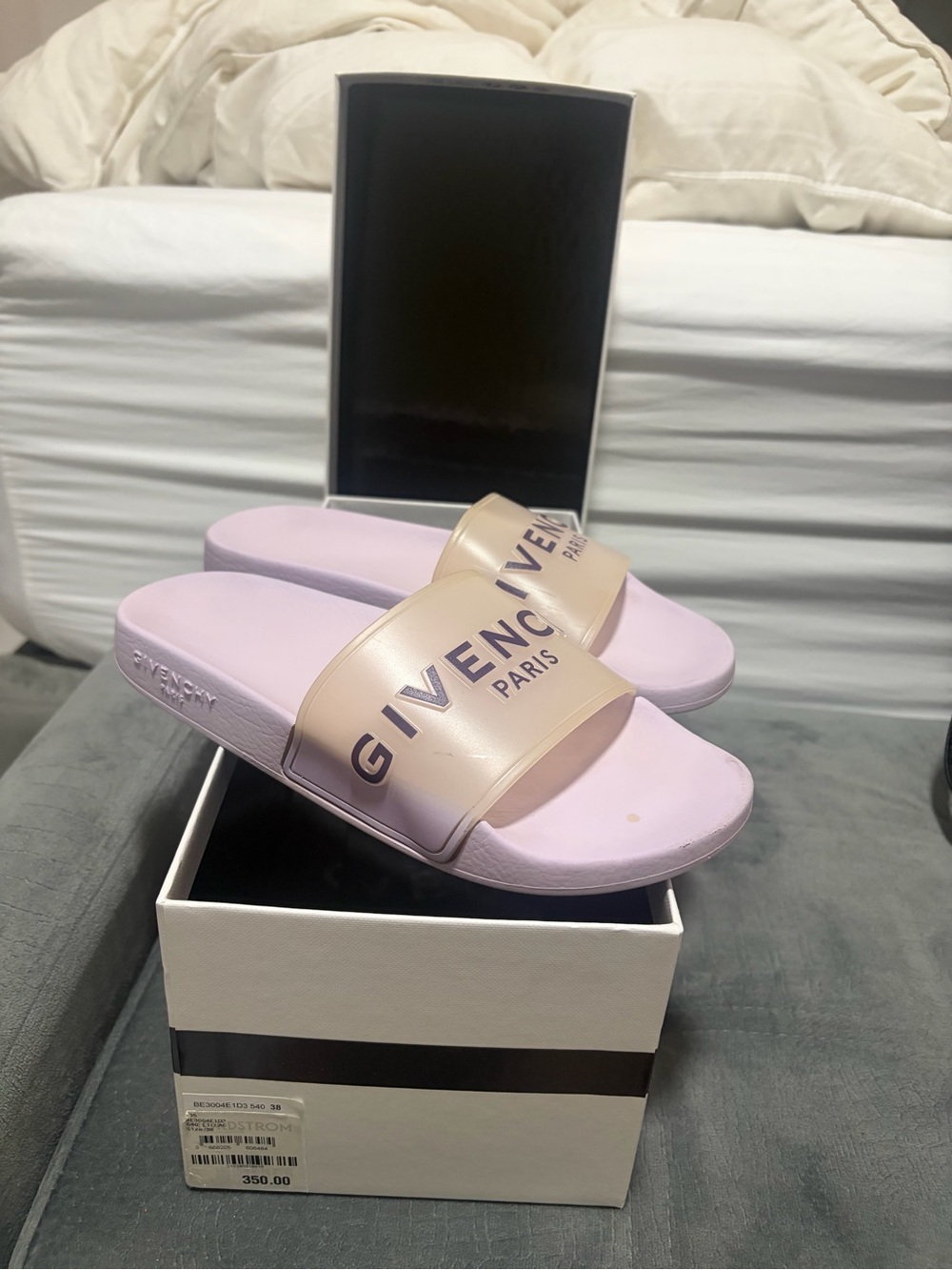 Givenchy Lilac Slide Sandals with Beige Translucent Strap